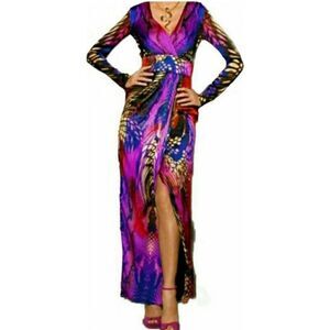 Boston Proper Mirrored Anaconda Snakeskin Print Maxi Dress Size 6 Red Purple Art